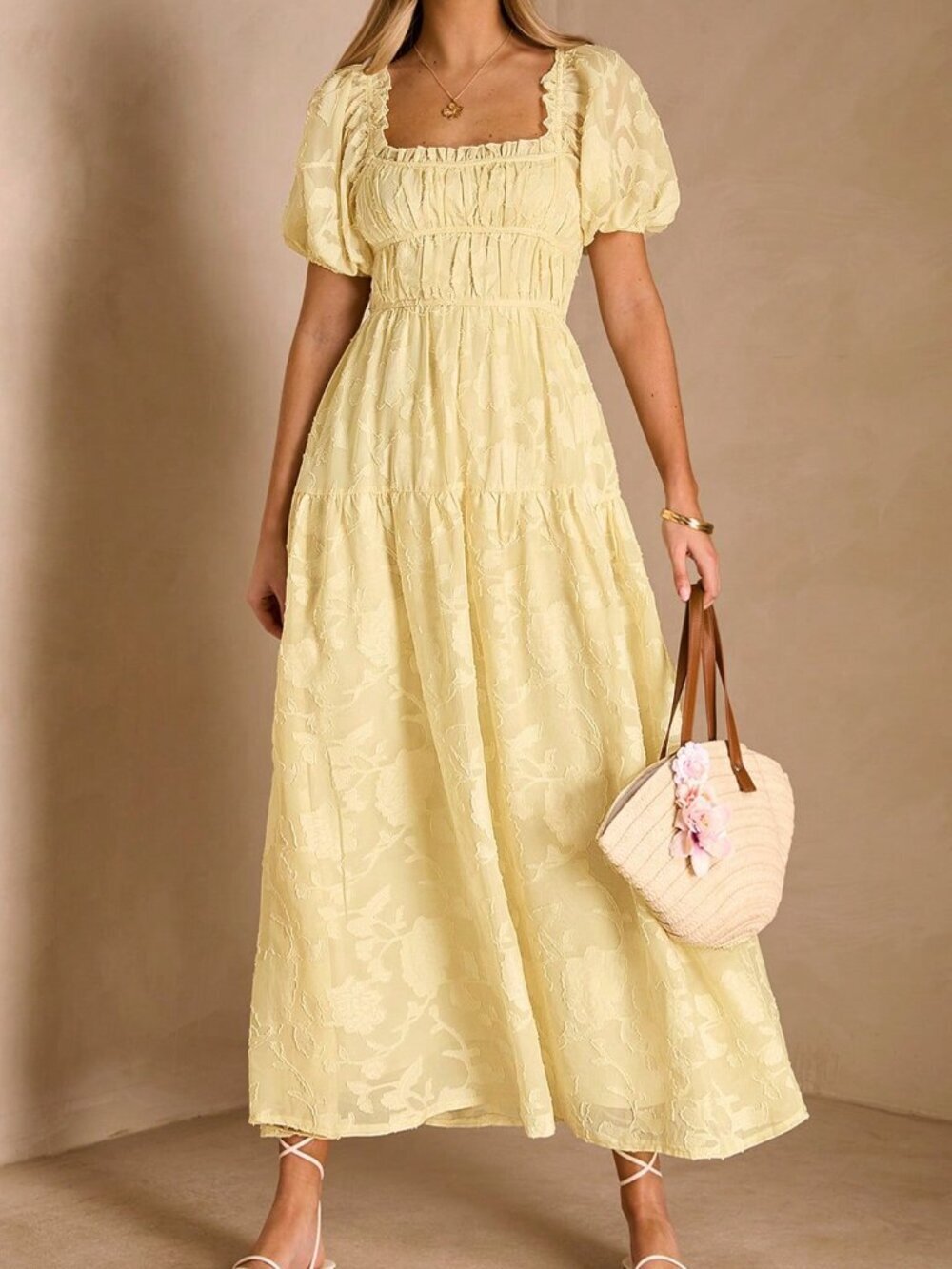 Butter Yellow Elegant Women's Cottage Core Square Collar Smocked Long Dress